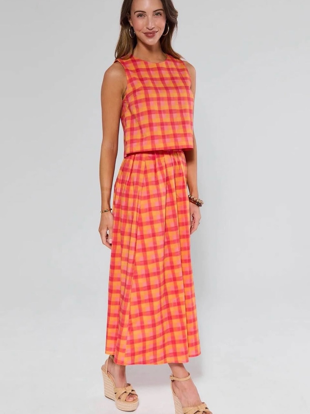 Set- ShopAvara Estie Sleeveless Pink & Orange Plaid Maxi Skirt and top